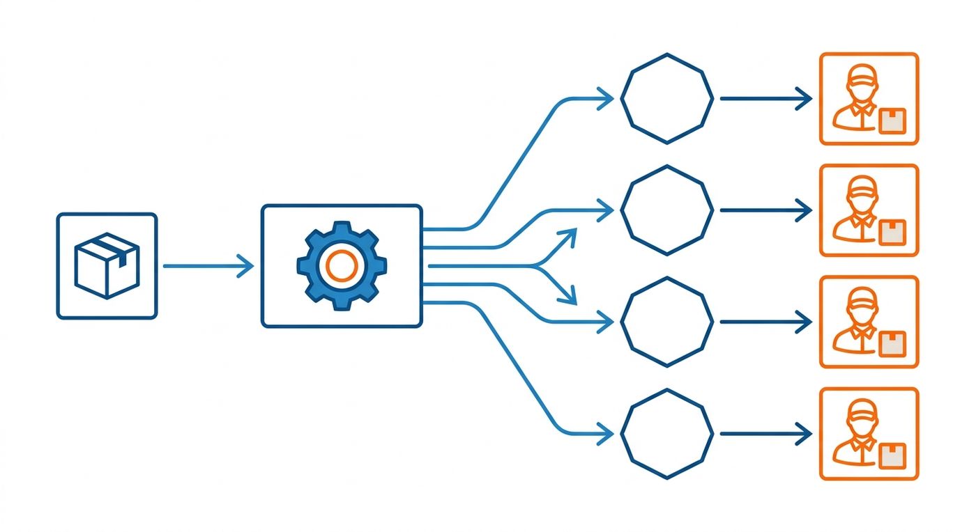 A technical diagram illustrating the automated bulk dispatching workflow from order ingestion to automated fleet routing.