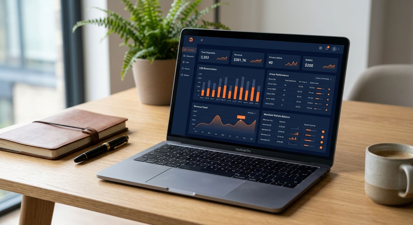 A sleek laptop displaying a modern 3PL logistics software dashboard with analytics for merchant wallets, cash on delivery reconciliation, and driver performance.