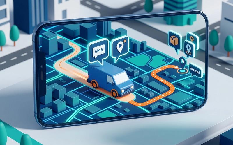 3D illustration of a delivery truck route on a smartphone screen representing automated SMS logistics tracking