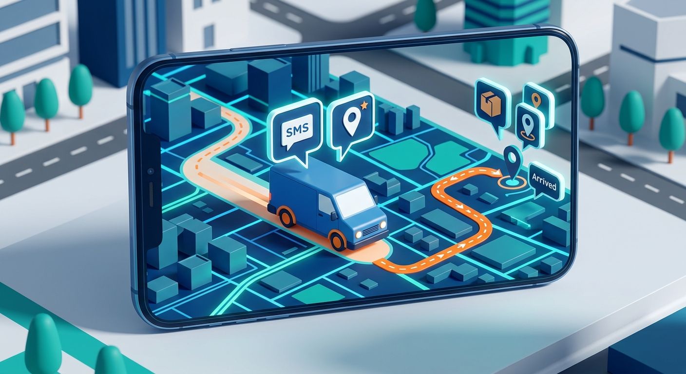 3D illustration of a delivery truck route on a smartphone screen representing automated SMS logistics tracking