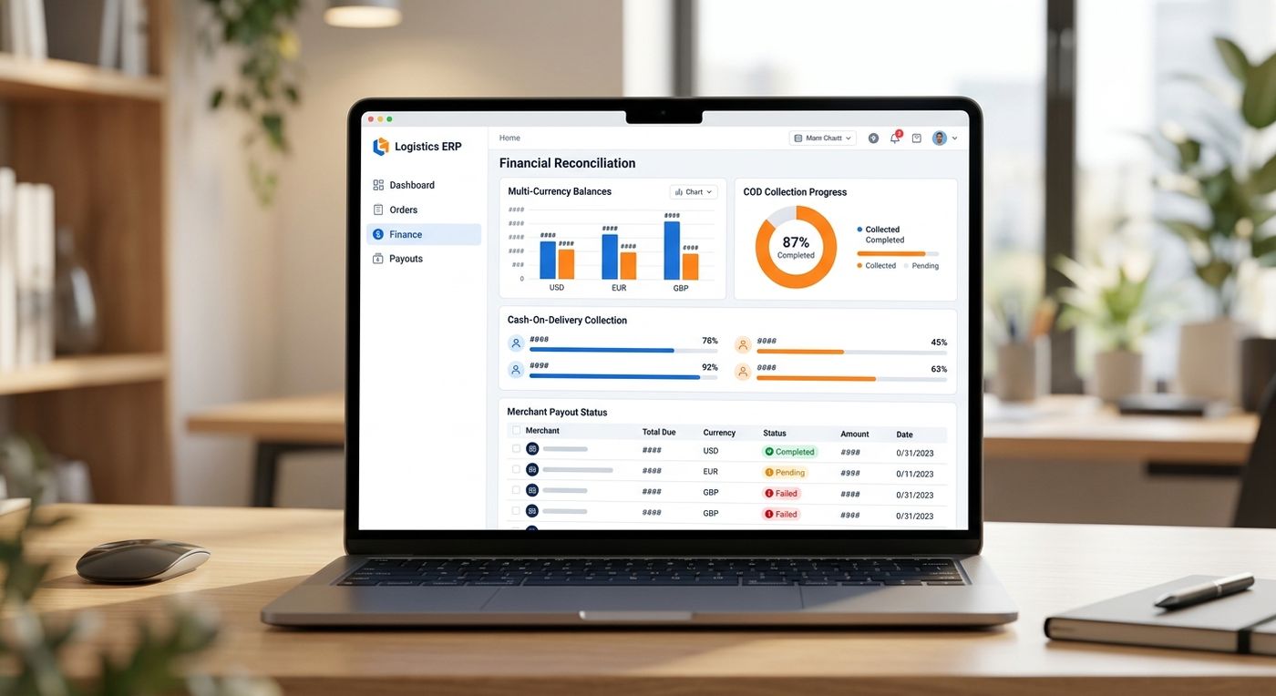 SaaS dashboard mockup of a shipping ERP showing multi-currency COD reconciliation and merchant wallets.