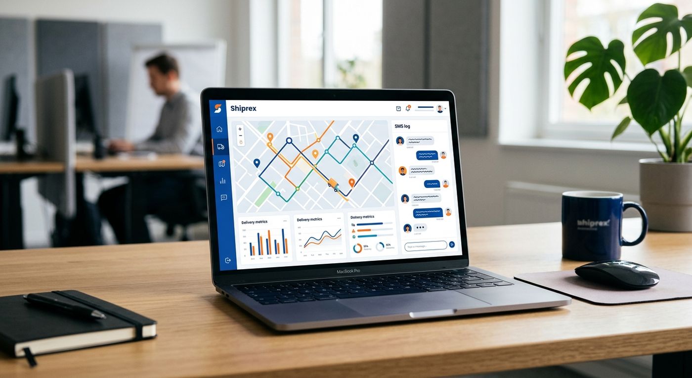 Shiprex ERP dashboard showcase showing real-time dispatch management, route optimization, and interactive SMS tracking.