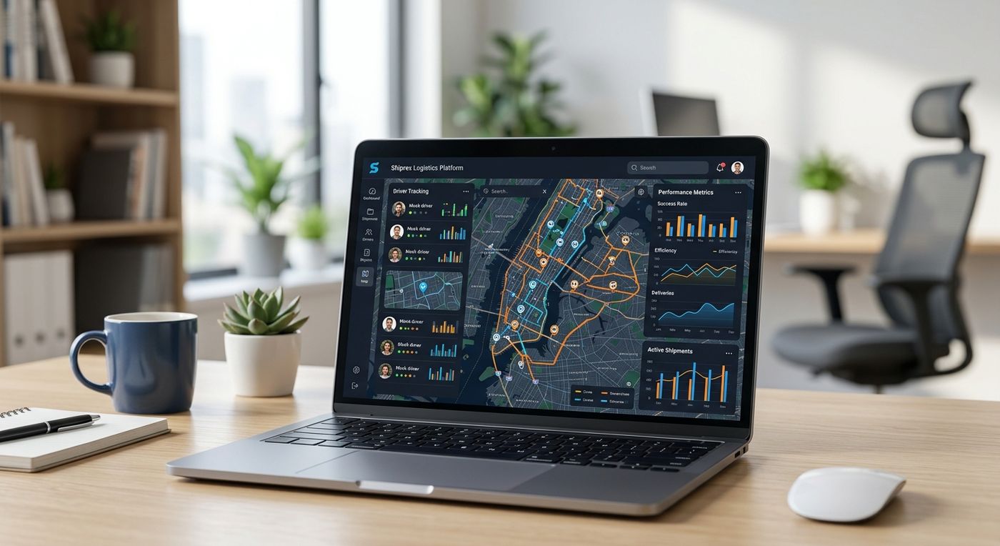 A sleek laptop displaying the Shiprex SaaS dashboard with interactive route optimization maps and fleet management metrics.