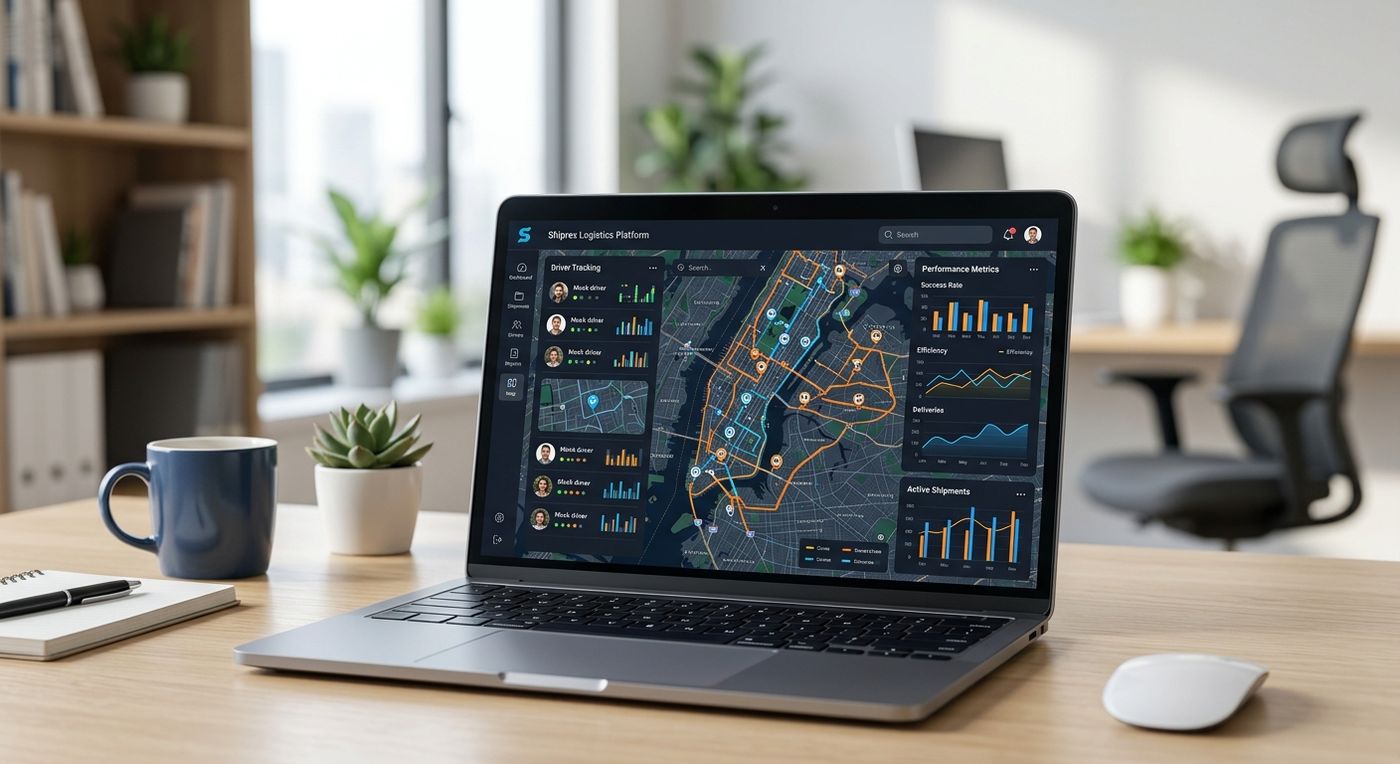 A sleek laptop displaying the Shiprex SaaS dashboard with interactive route optimization maps and fleet management metrics.