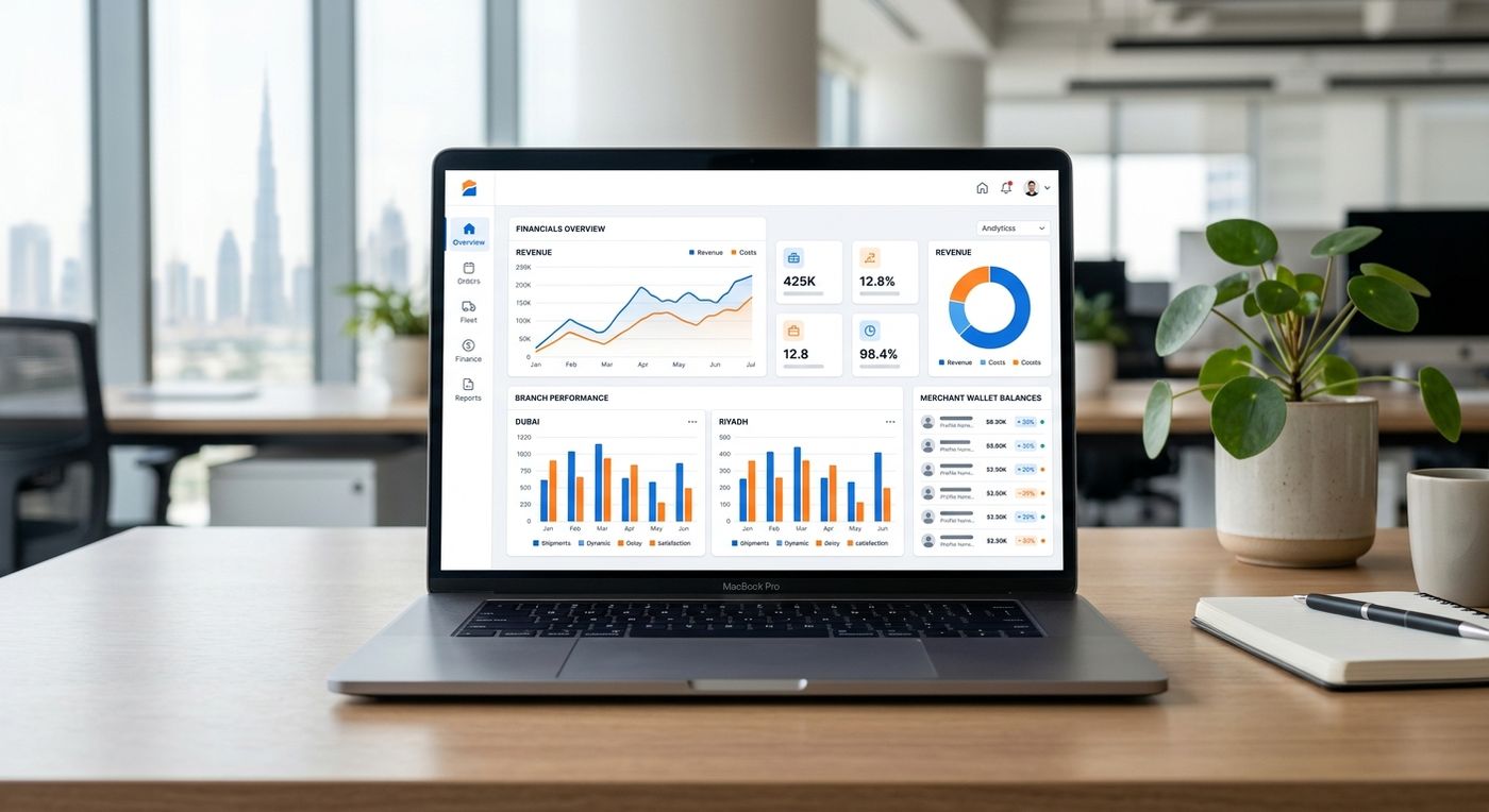 Shiprex multi-currency logistics ERP dashboard showing branch performance and merchant wallets.