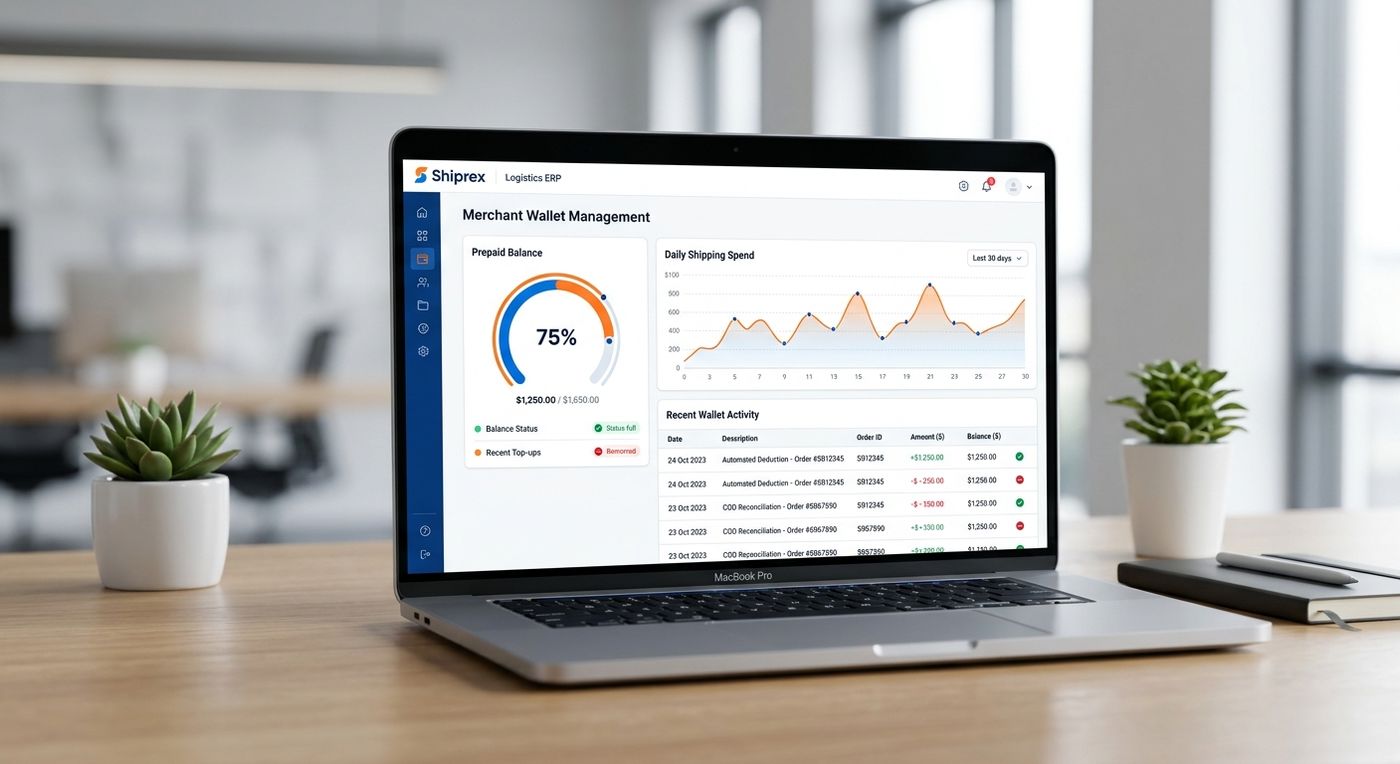A sleek SaaS dashboard interface on a laptop showing the Shiprex merchant wallet management and financial tracking screen.