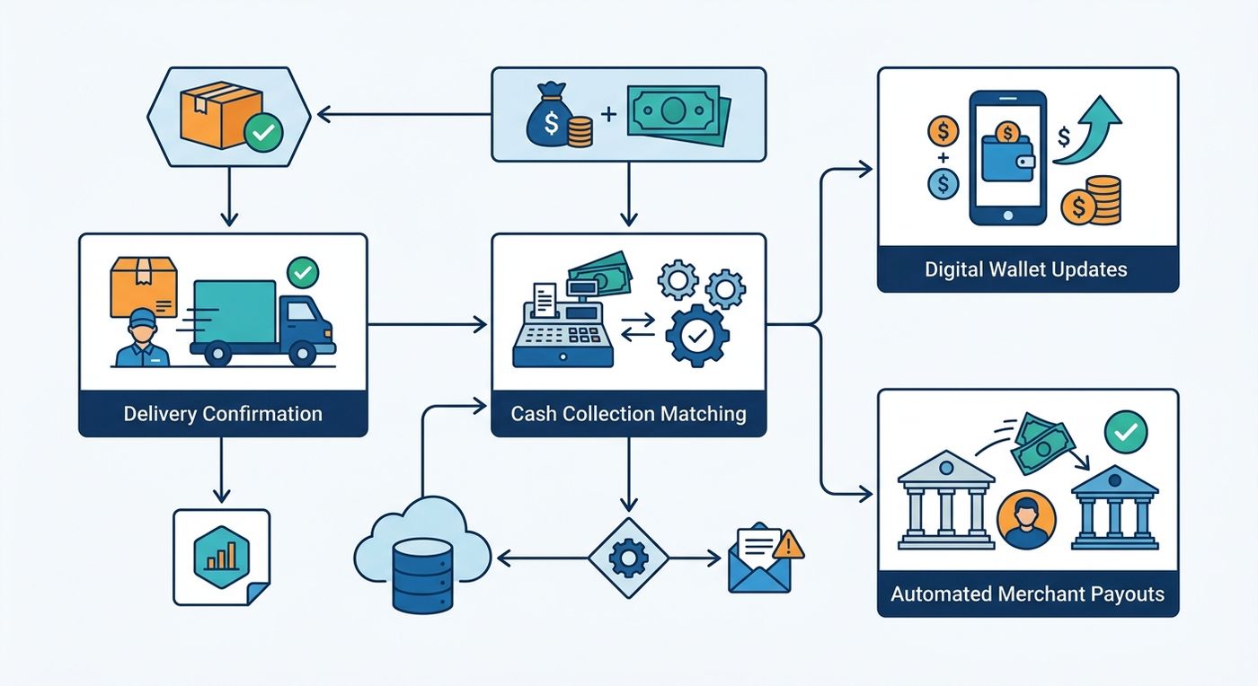 A technical flow diagram showing the automated cash-on-delivery (COD) reconciliation and merchant payout process in the Shiprex ERP system.