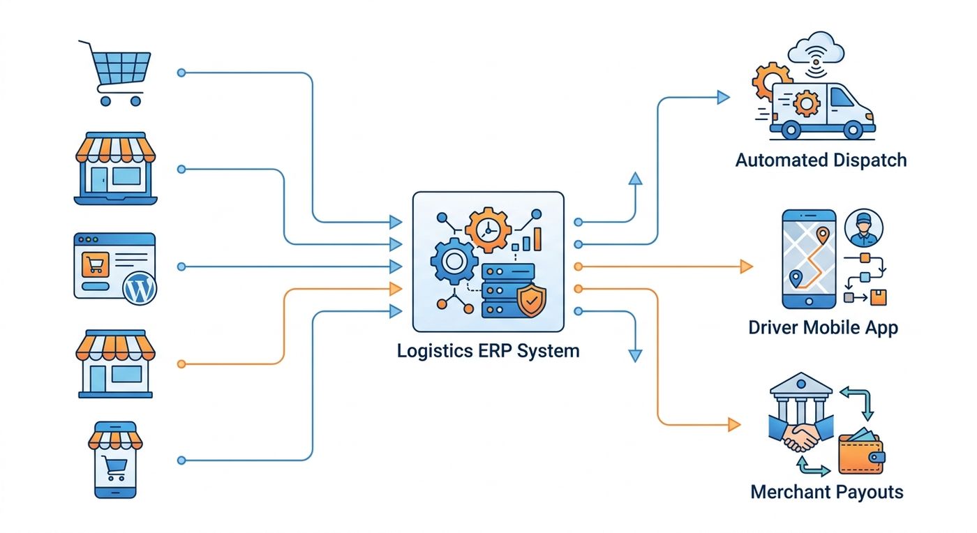 مخطط تقني يوضح التكامل بين المتاجر الإلكترونية ونظام تخطيط موارد المؤسسات ERP المركزي للشحن لتنفيذ التوزيع التلقائي.
