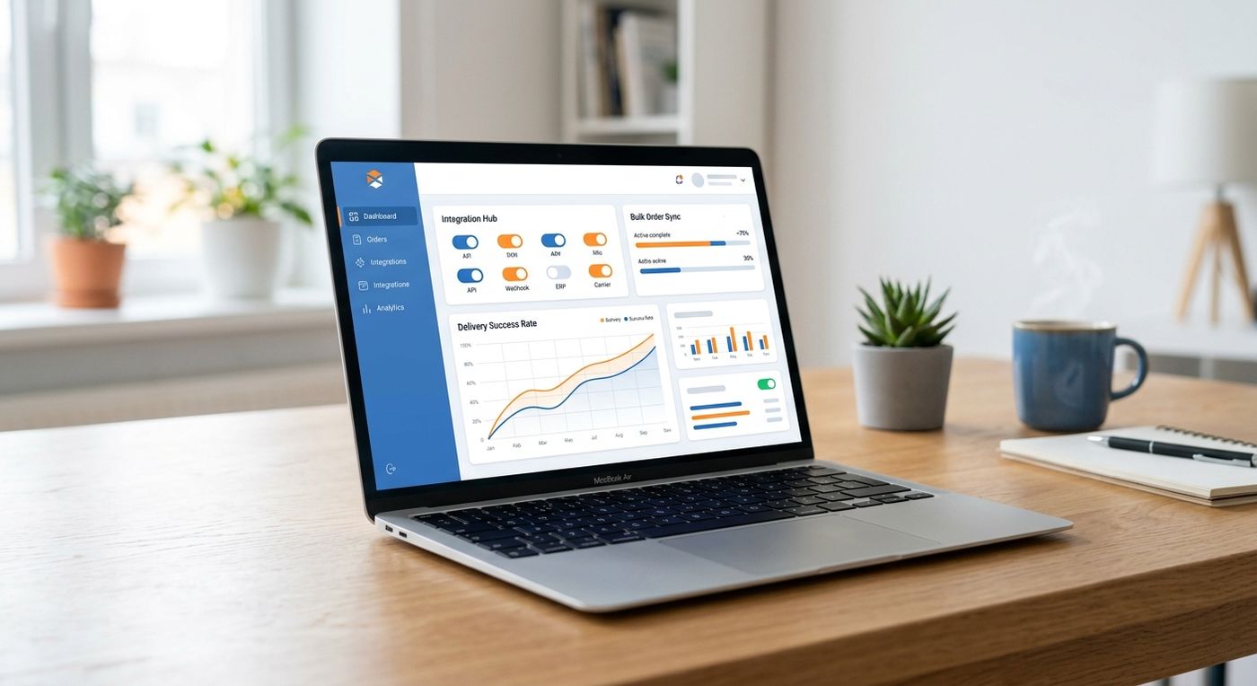 A sleek laptop displaying a modern logistics ERP dashboard UI with active storefront integrations and order synchronization metrics.