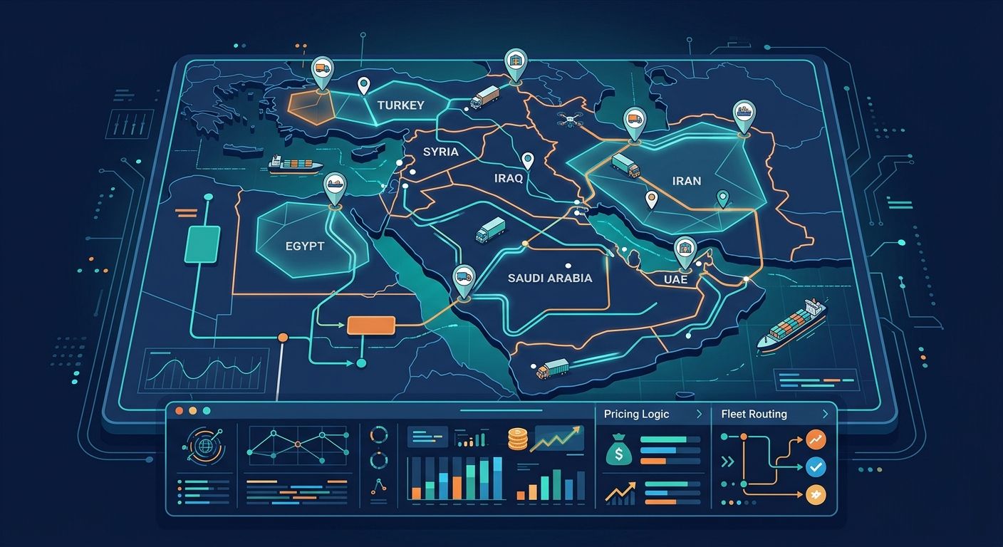 A digital map illustration showing coordinate pins being converted into logical operational zones for shipping routing and pricing.
