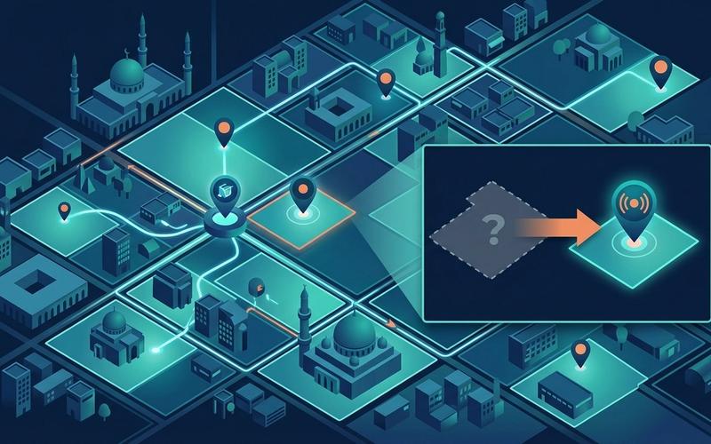 An isometric digital map showcasing micro-zone logistics optimization with glowing routes and delivery pins in a modern city.