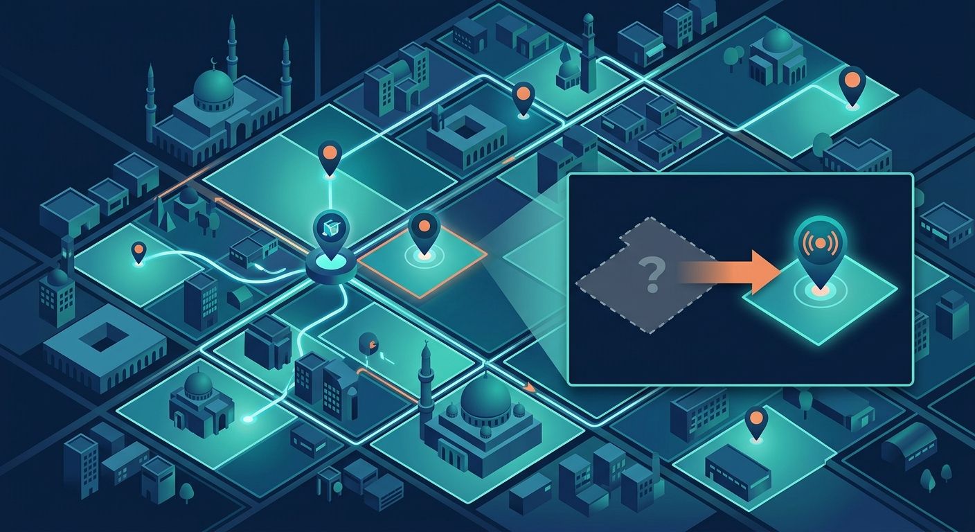 خريطة رقمية ثلاثية الأبعاد توضح تحسين الخدمات اللوجستية للمناطق المصغرة مع مسارات توصيل مضيئة في مدينة حديثة.
