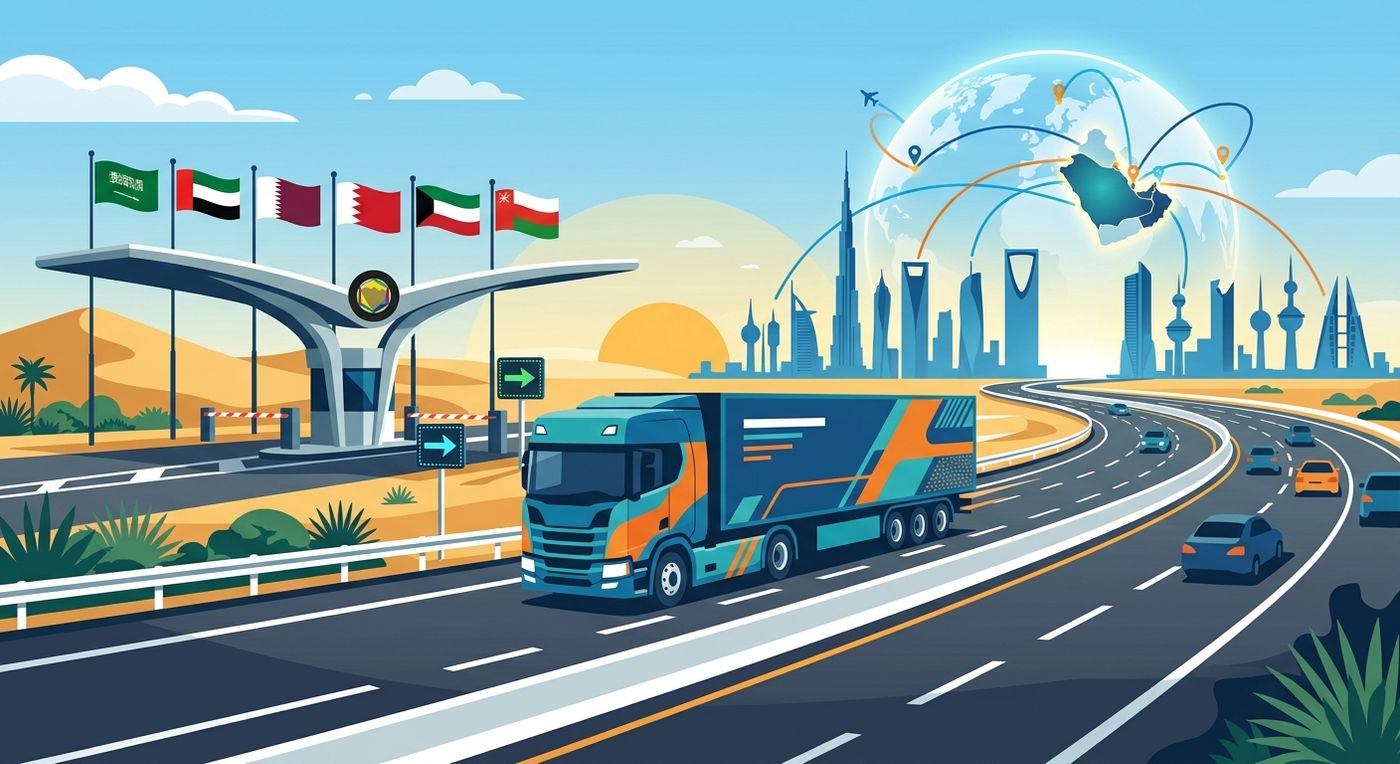 Flat vector illustration of a cargo truck crossing GCC borders, representing seamless international shipping and cross-border logistics.