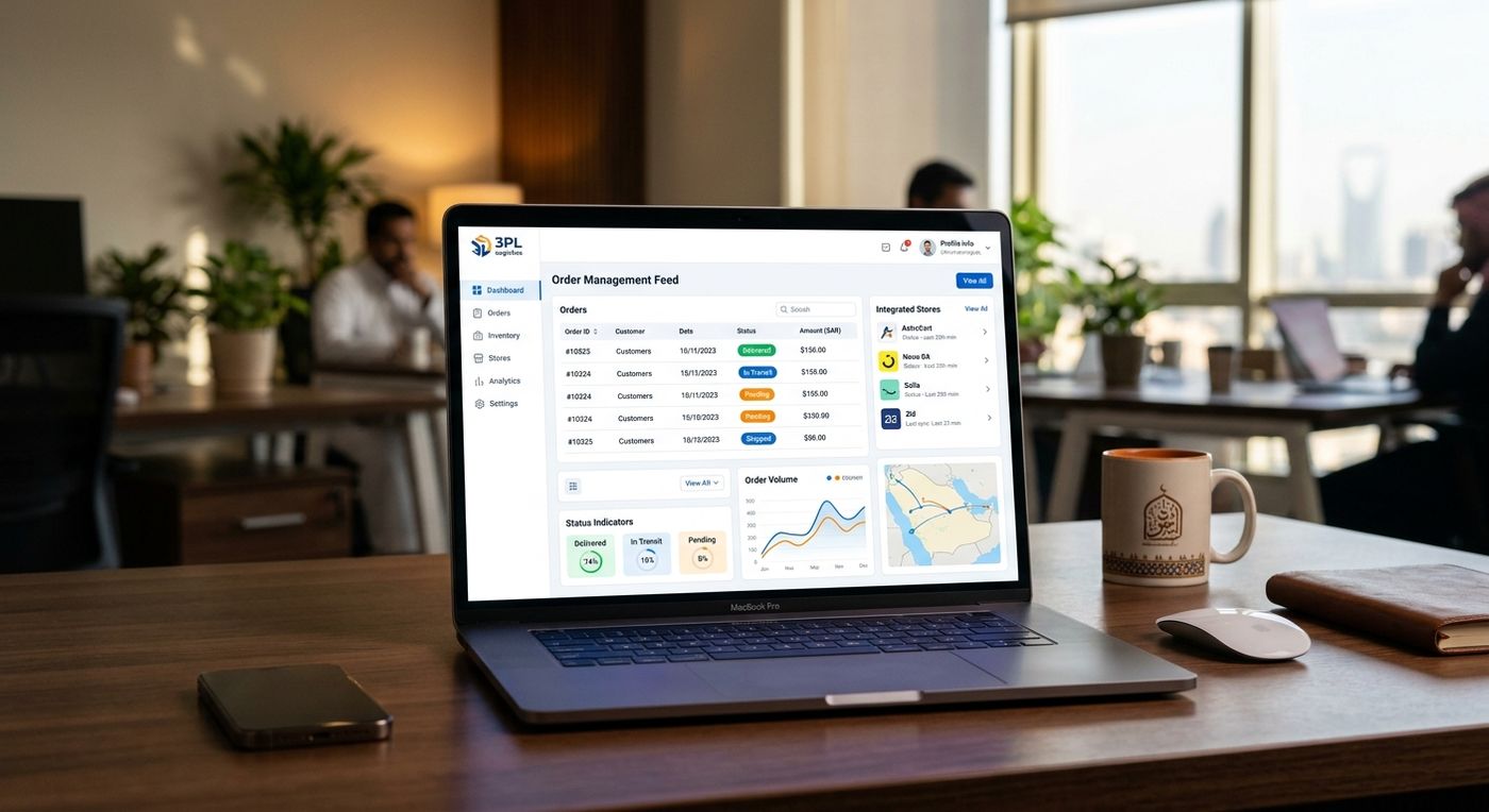A professional SaaS dashboard mock-up on a laptop screen showing e-commerce order integrations and 3PL shipping management tools.