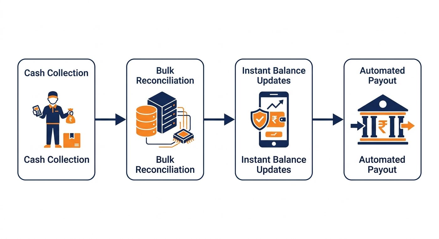 A technical diagram illustrating the automated Cash on Delivery (COD) reconciliation workflow, showing the path from courier collection to bulk ERP matching, merchant wallet update, and automated payout.