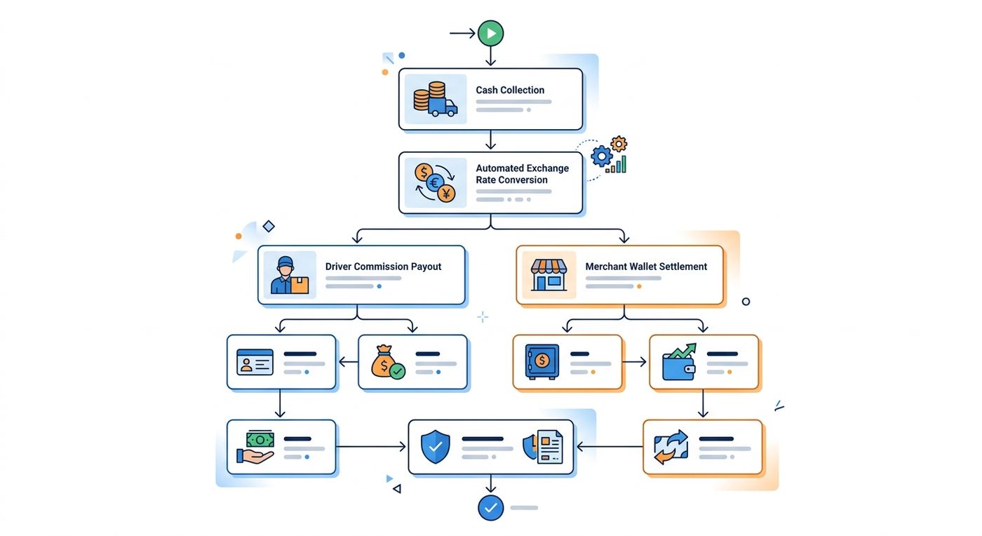 A flow diagram illustrating multi-currency COD reconciliation GCC and driver payout automation UAE in a unified 3PL finance management software.