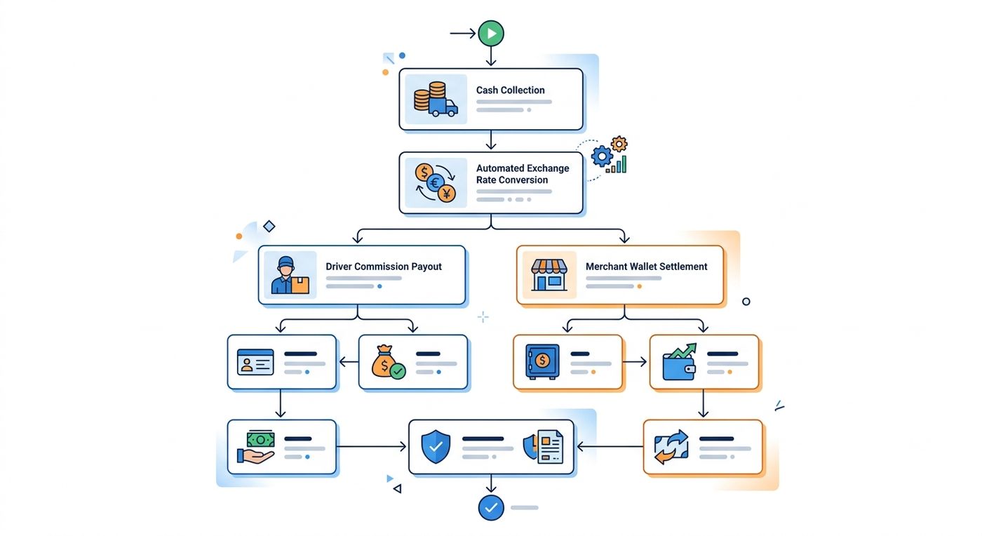 A flow diagram illustrating multi-currency COD reconciliation GCC and driver payout automation UAE in a unified 3PL finance management software.
