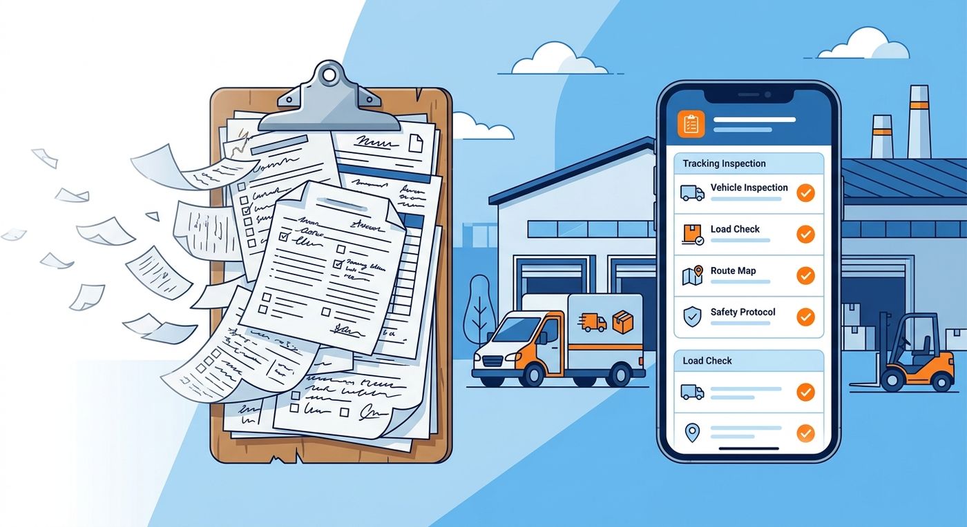Flat editorial illustration representing the digital transformation from paper clipboards to mobile vehicle inspection apps in logistics.