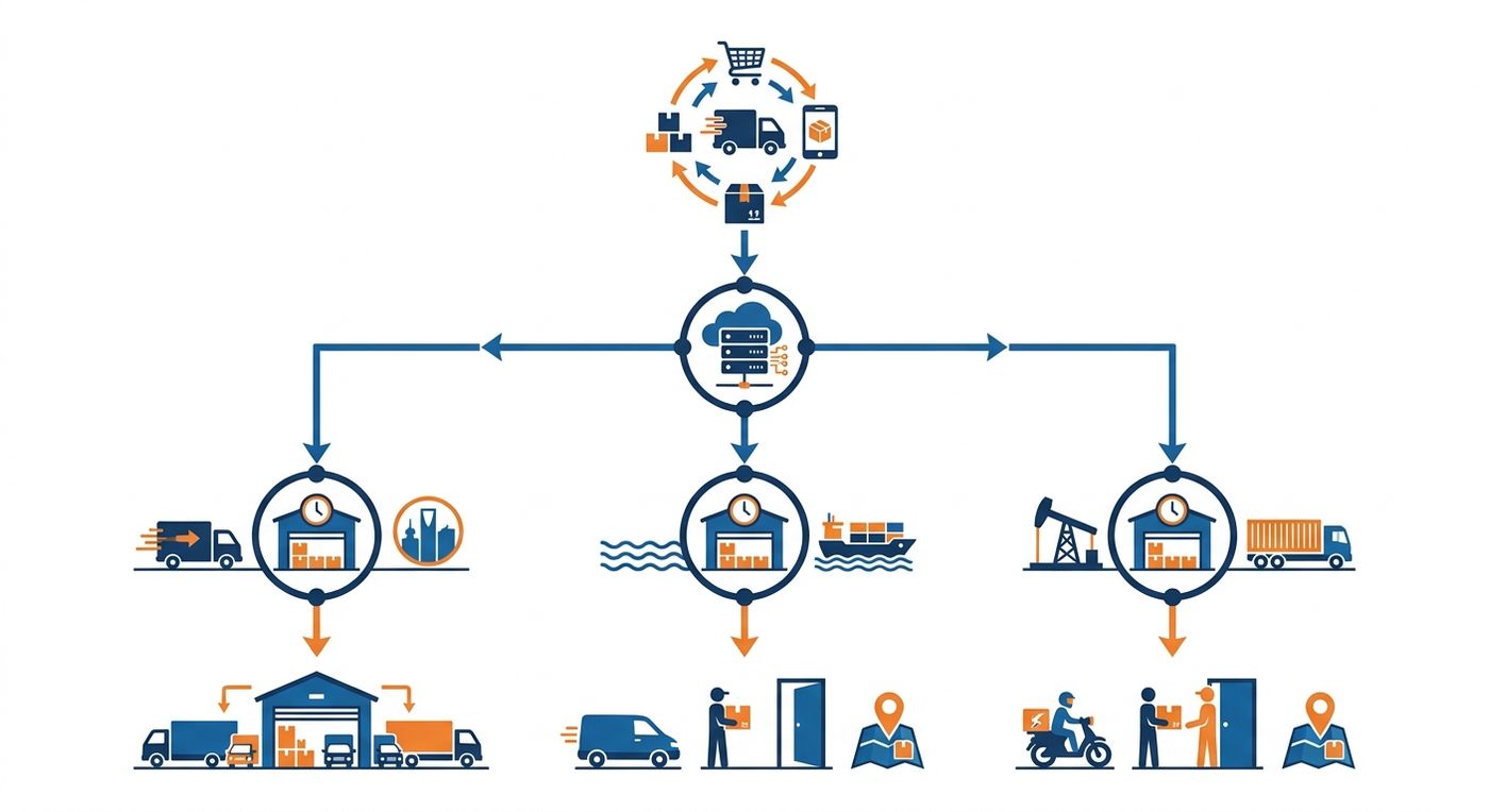 Technical flow diagram showing centralized order routing from e-commerce integrations to regional hubs in Riyadh, Jeddah, and Dammam.