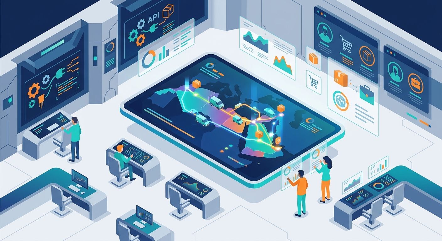 لوحة تحكم رقمية حديثة تعرض تتبع شحنات التوصيل الإقليمية، وإحصائيات بوابة التجار، وعمليات الربط الإلكتروني لشركات الشحن الناشئة.