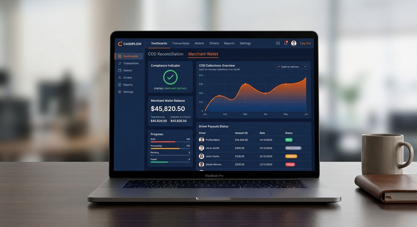 Shiprex dashboard on a laptop screen showing COD reconciliation, merchant wallet balances, and automated driver payout status.