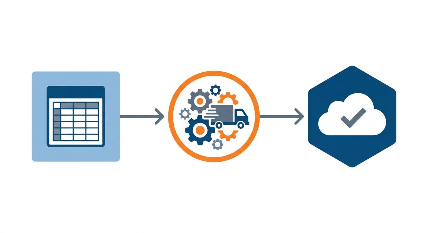 A technical flowchart diagram showing the three-phase migration process to an automated delivery dispatch system and route planning software.