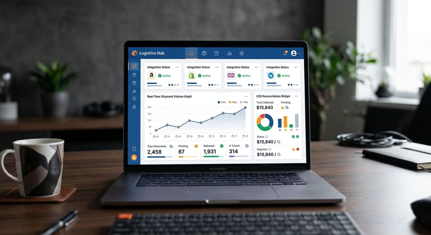 A professional SaaS dashboard mockup of a shipping ERP showing e-commerce integration metrics, shipment volumes, and COD reconciliation status.