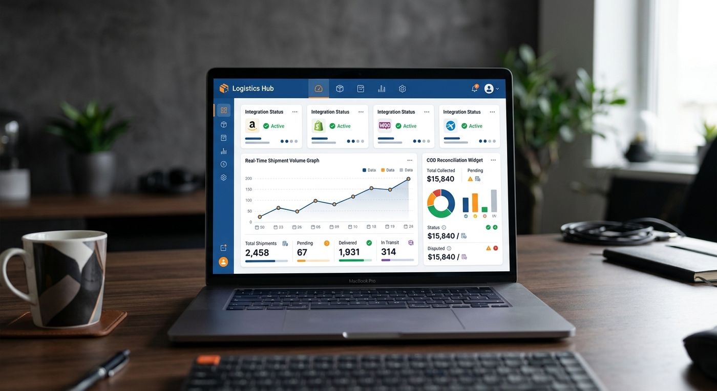 A professional SaaS dashboard mockup of a shipping ERP showing e-commerce integration metrics, shipment volumes, and COD reconciliation status.