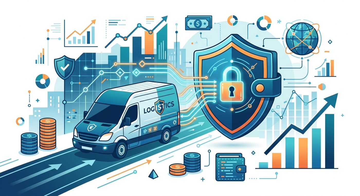 رسم توضيحي مسطح يمثل التدفقات المالية الرقمية الآمنة والحماية المالية في قطاع الخدمات اللوجستية.