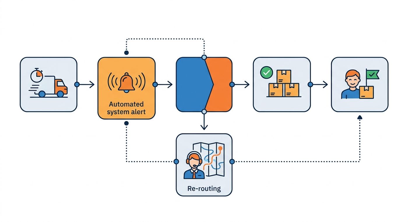 A technical flowchart diagram illustrating the automated real-time SLA monitoring and resolution workflow in a professional blue and orange palette.