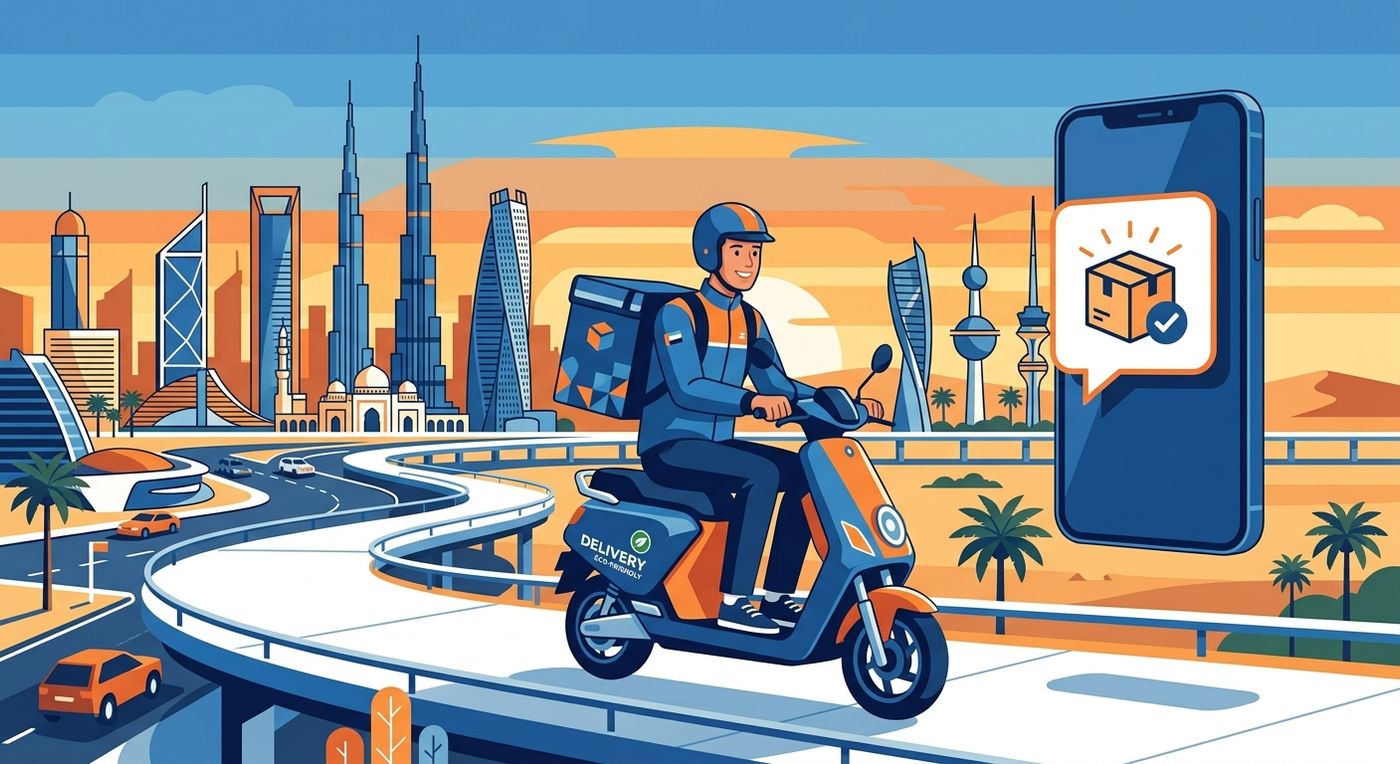 A flat vector illustration representing automated last-mile delivery notifications in the GCC region.
