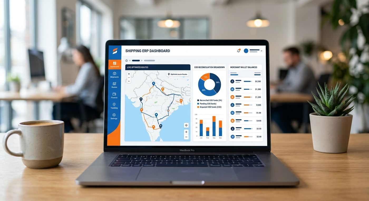 SaaS dashboard showcase of a dedicated 3PL logistics management system featuring route optimization and COD reconciliation.