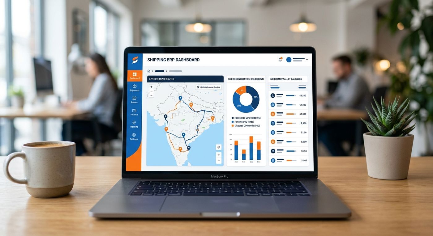 SaaS dashboard showcase of a dedicated 3PL logistics management system featuring route optimization and COD reconciliation.