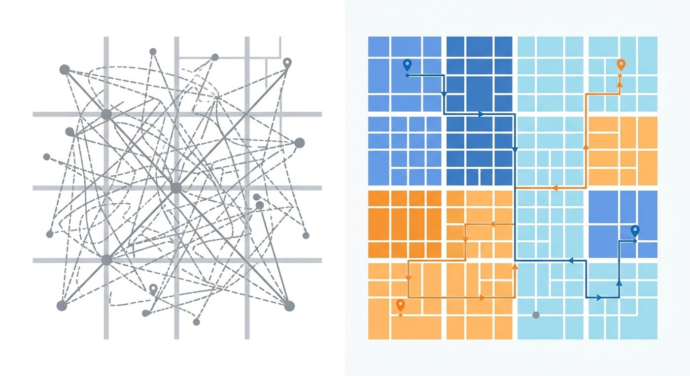 Technical diagram comparing manual logistics routing with dynamic route optimization ERP software, showing optimized zone dispatching paths in blue and orange.