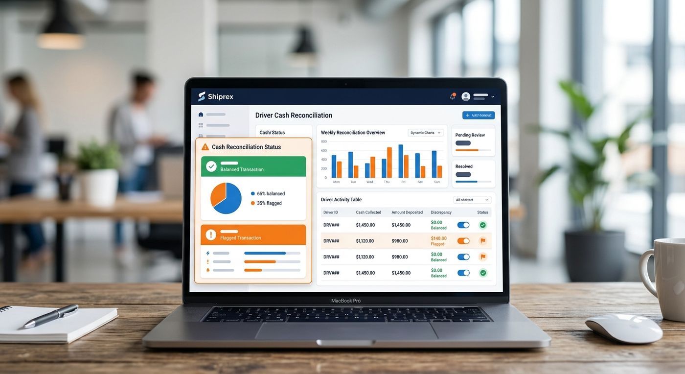 واجهة لوحة تحكم سحابية لبرنامج Shiprex على جهاز لابتوب تعرض شاشة تسوية النقدية اليومية للمندوبين وحالة المعاملات وسجلات التدقيق.