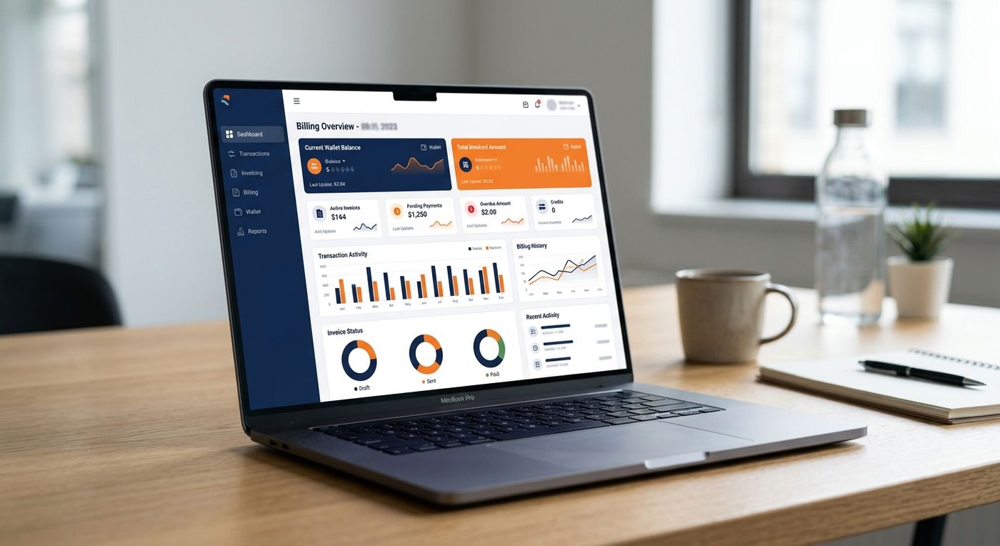 A product showcase of the Shiprex billing and contract management dashboard on a laptop screen.