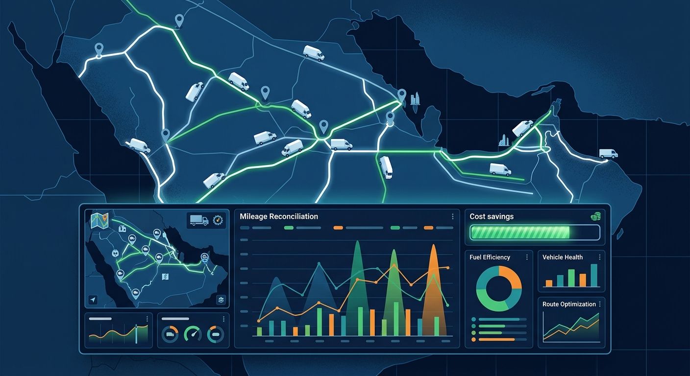 لوحة تحكم رقمية توضح مؤشرات أداء أسطول الشحن، ومطابقة المسافات، وحوكمة حركة السيارات بأسلوب تقني حديث.