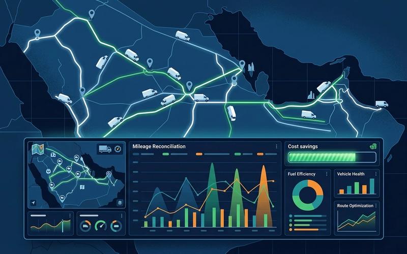 An analytical dashboard showcasing fleet management metrics, route optimization maps, and mileage drift data in a clean corporate style.