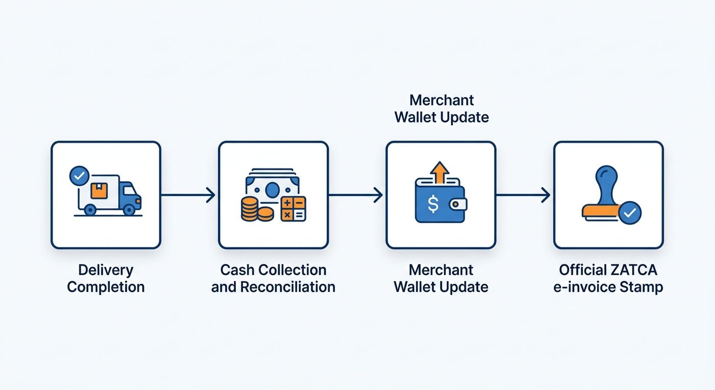 Workflow diagram showing real-time delivery completion, COD reconciliation, merchant wallet update, and ZATCA Phase 2 compliance.