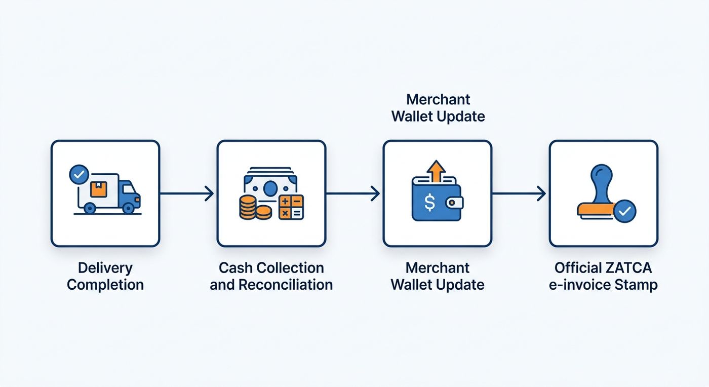 Workflow diagram showing real-time delivery completion, COD reconciliation, merchant wallet update, and ZATCA Phase 2 compliance.