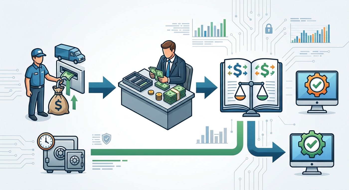 مخطط سير العمل يوضح عملية تسوية الدفع عند الاستلام ثنائية المراحل بين السائقين والمحاسبين.