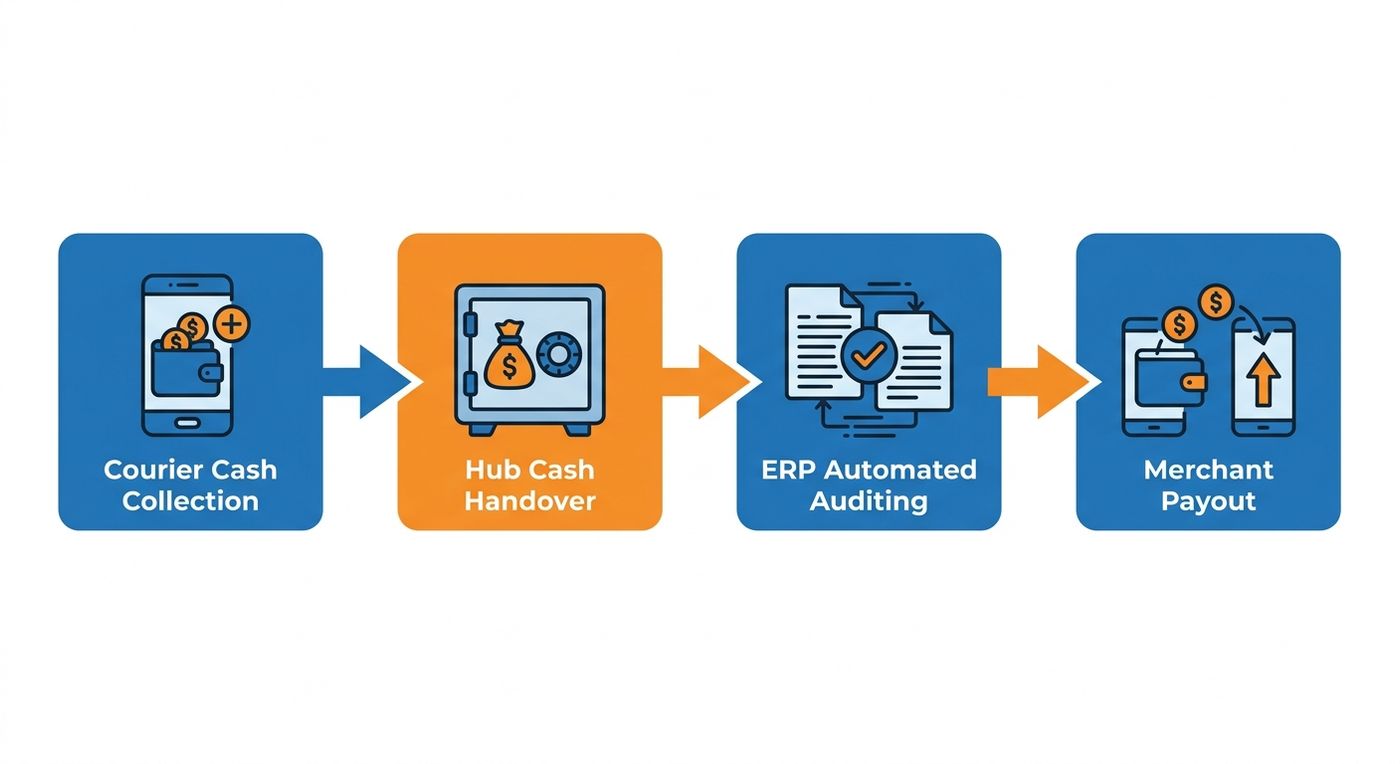 A technical flowchart diagram showing the step-by-step closed-loop COD reconciliation process from courier cash collection to merchant wallet payout.