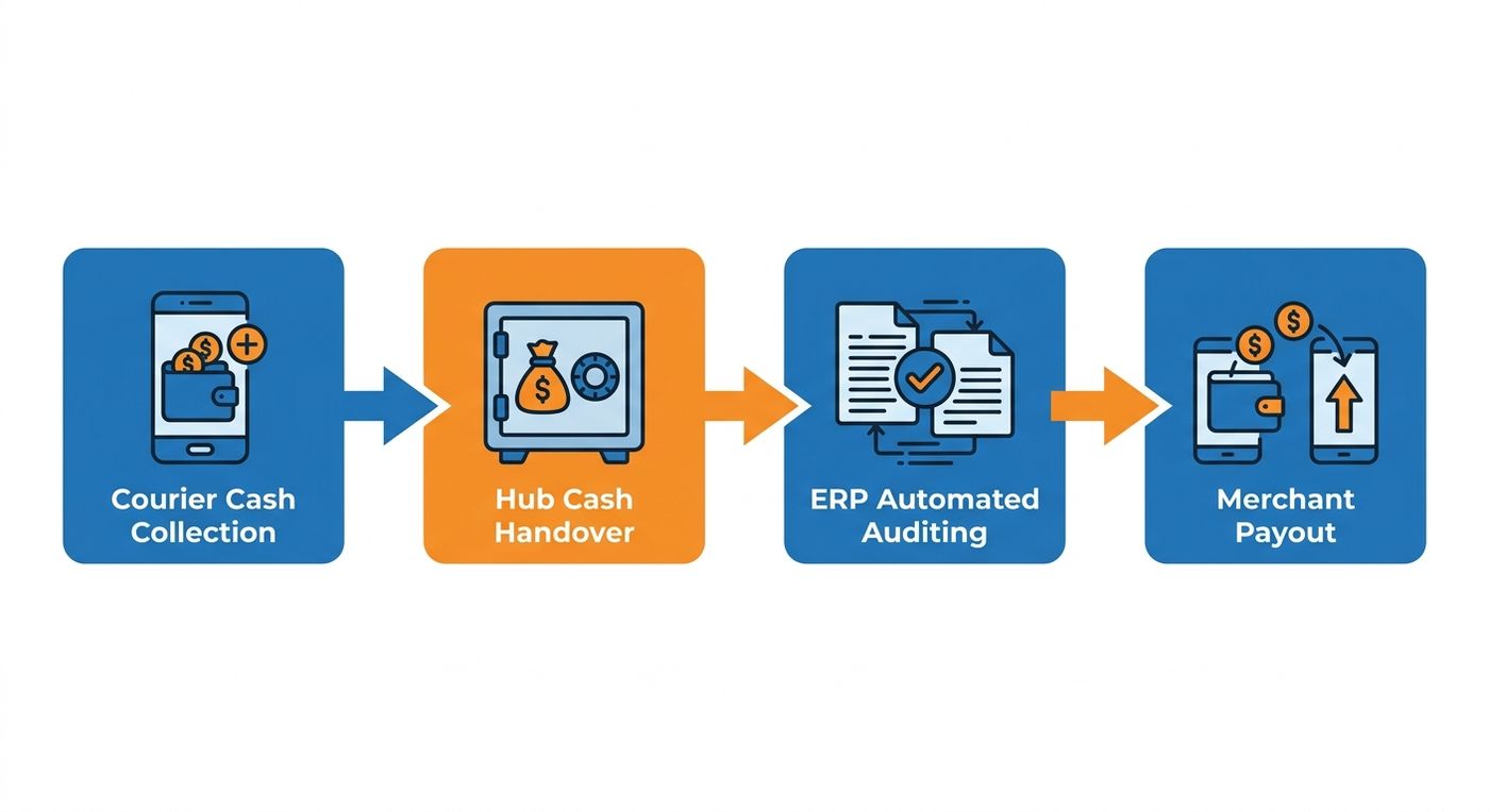 A technical flowchart diagram showing the step-by-step closed-loop COD reconciliation process from courier cash collection to merchant wallet payout.