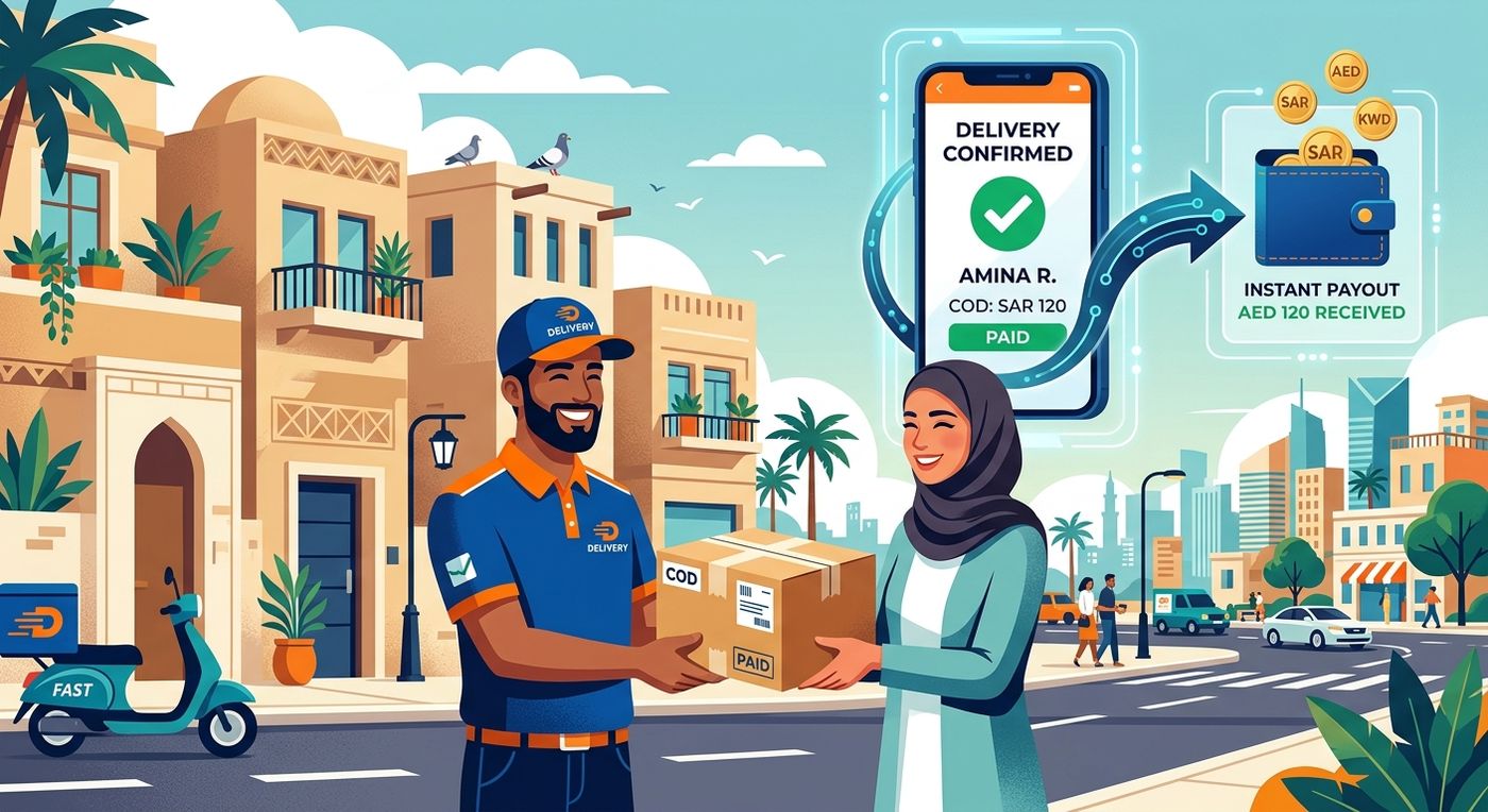 A conceptual illustration showing a courier making a delivery, linked to instant COD reconciliation and digital wallet updates.