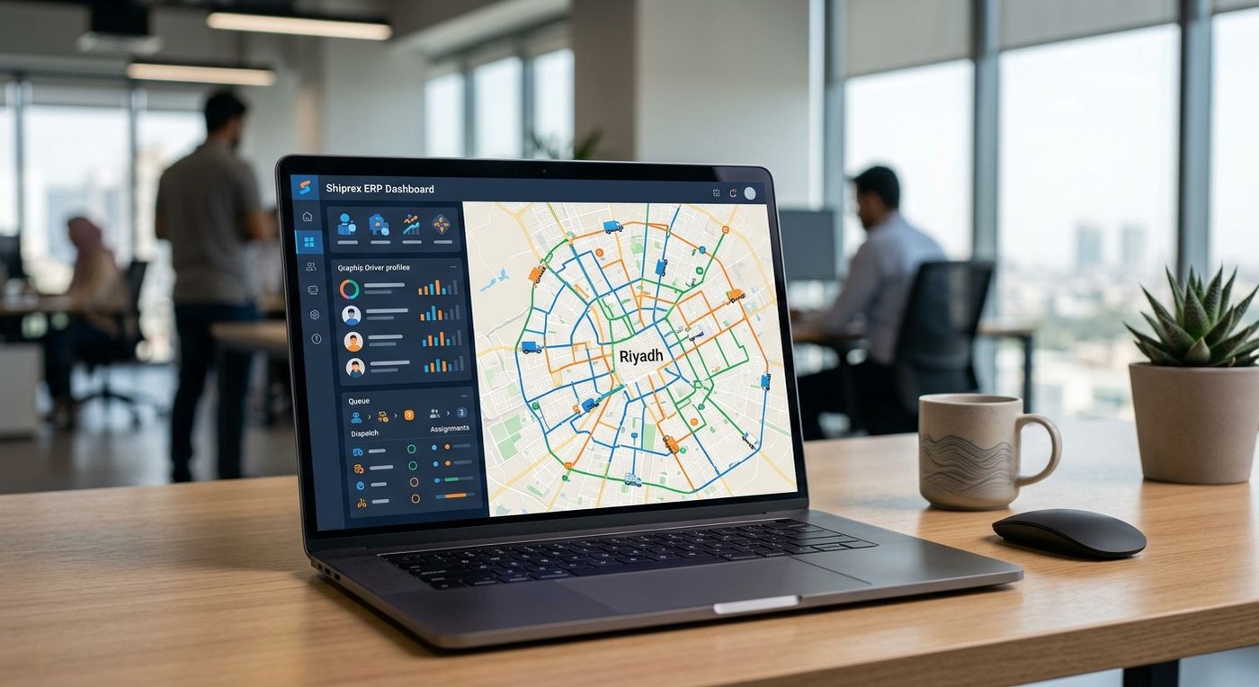 Shiprex ERP dashboard on a laptop displaying dynamic route optimization and real-time fleet tracking on a map.