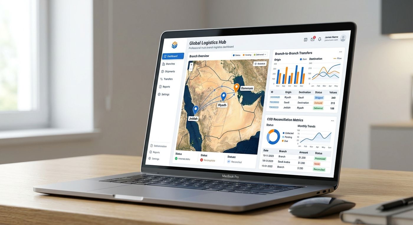 A professional SaaS dashboard mockup showing multi-branch logistics KPIs and regional hub monitoring on a laptop screen.