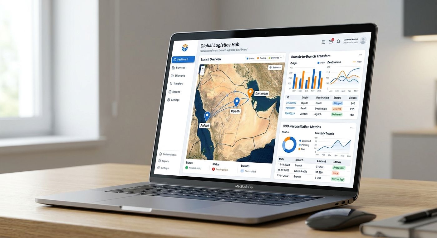 A professional SaaS dashboard mockup showing multi-branch logistics KPIs and regional hub monitoring on a laptop screen.