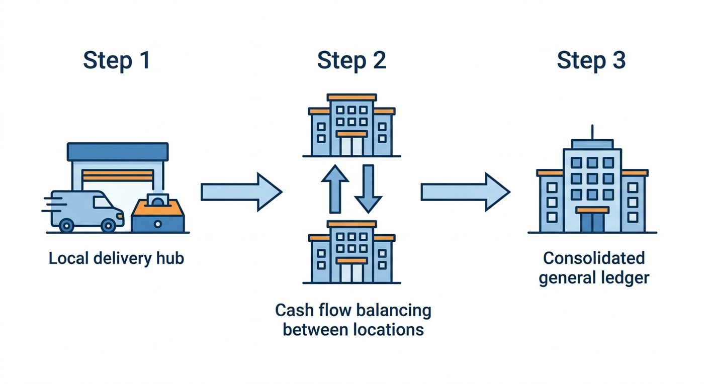 A technical diagram illustrating the multi-step financial workflow from localized courier cash reconciliation to inter-branch settlement and central ledger consolidation.