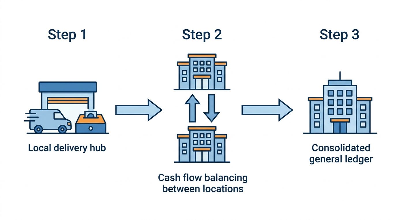 A technical diagram illustrating the multi-step financial workflow from localized courier cash reconciliation to inter-branch settlement and central ledger consolidation.