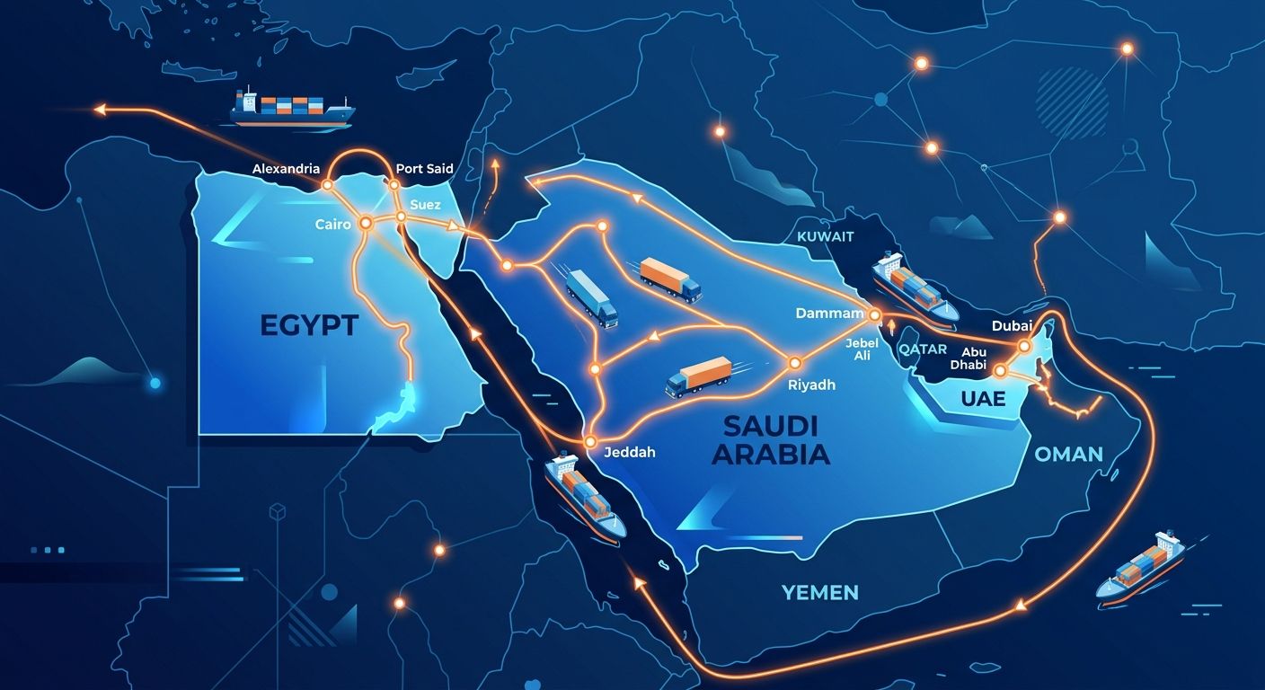 An editorial illustration showing logistics routes and shipping networks across Egypt, Saudi Arabia, and the UAE.